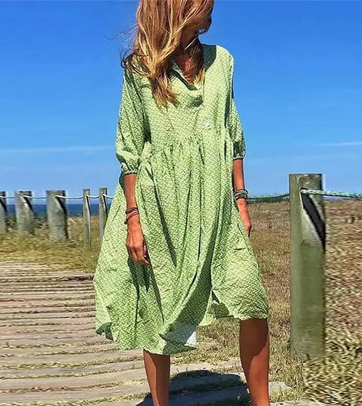 Loose Fit 2023 Casual Half Sleeve Party Dress Elegant Draped Midi Dress with Deep V-Neck Fashion