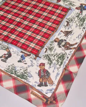 Red Silk Scarf with Tartan Print and Mountain Theme Along the Border