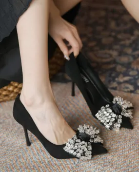Women's French Stiletto High Heels with Rhinestone Bow, Pointed Toe Black Shoes