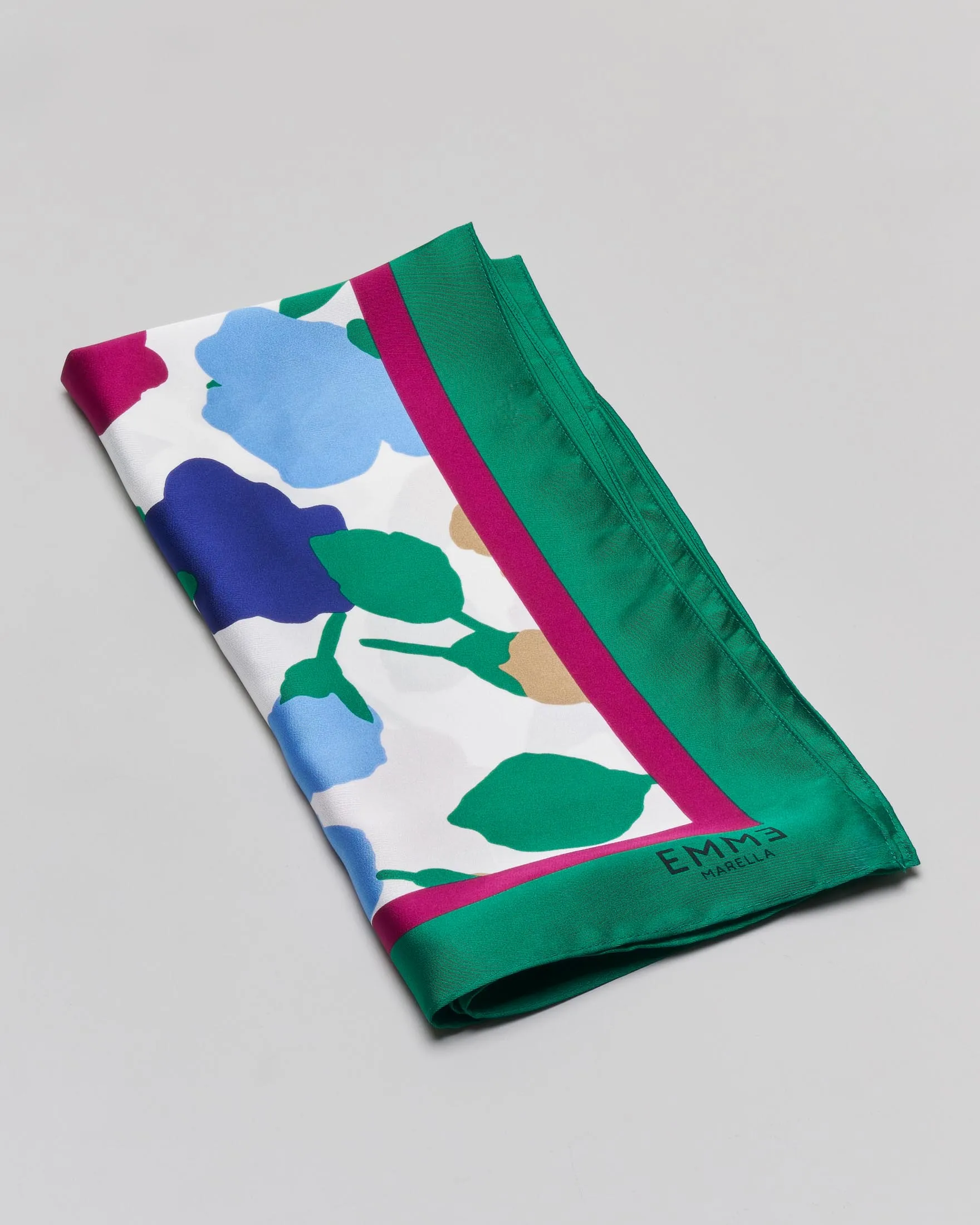 White Twill Floral Pattern Scarf with Multicolored Flowers and Green Frame