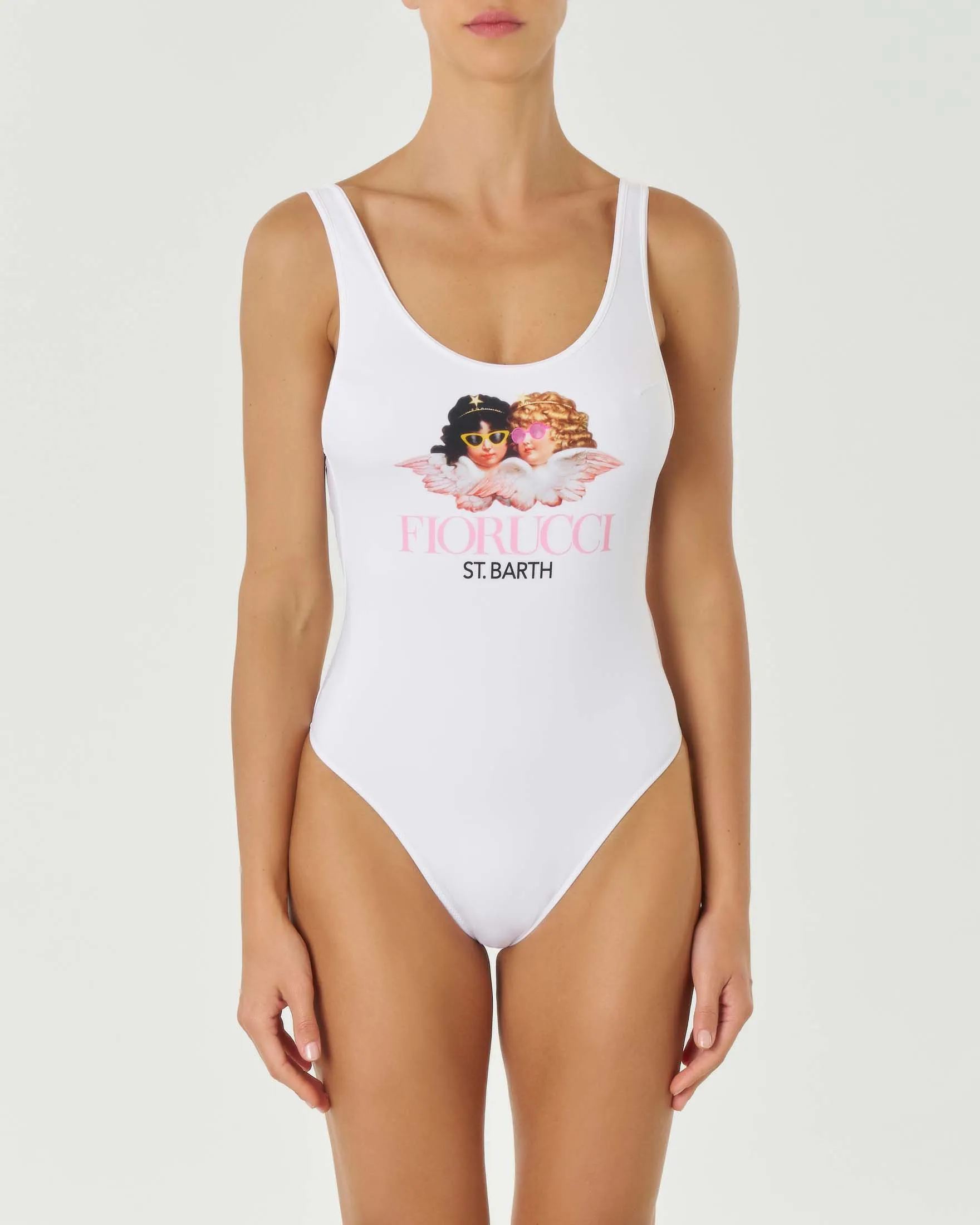 Costume intero bianco tessuto elasticizzato stampa Fiorucci frontale schiena scoperta